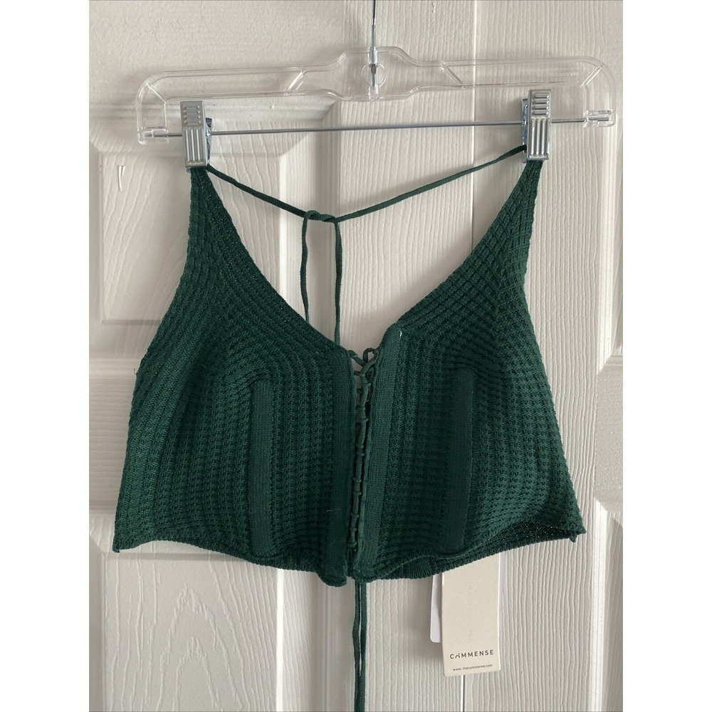 Commense Lace Up‎ Knit Corset Crop Top Womens Size M Green Boho Festival Cotton